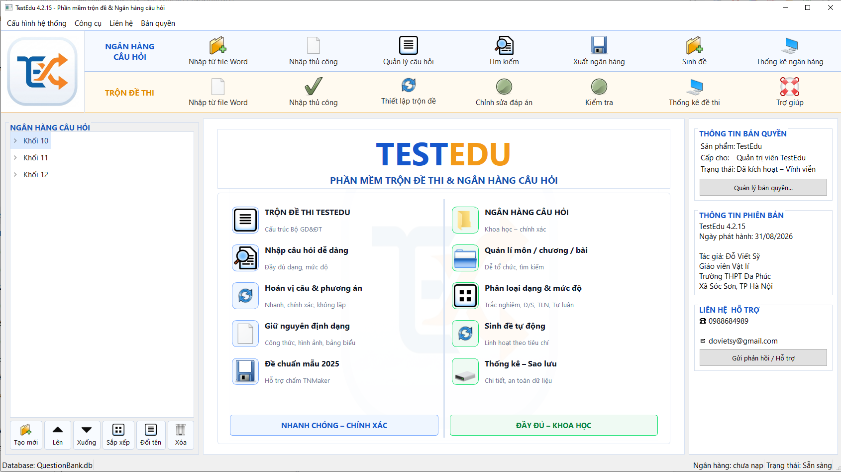 Giao diện chính phần mềm TestEdu